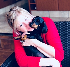 Miniature dachshund puppy and breeder