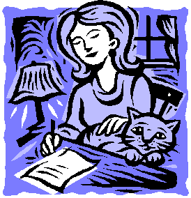 Lady writing letter with cat curled up on lap